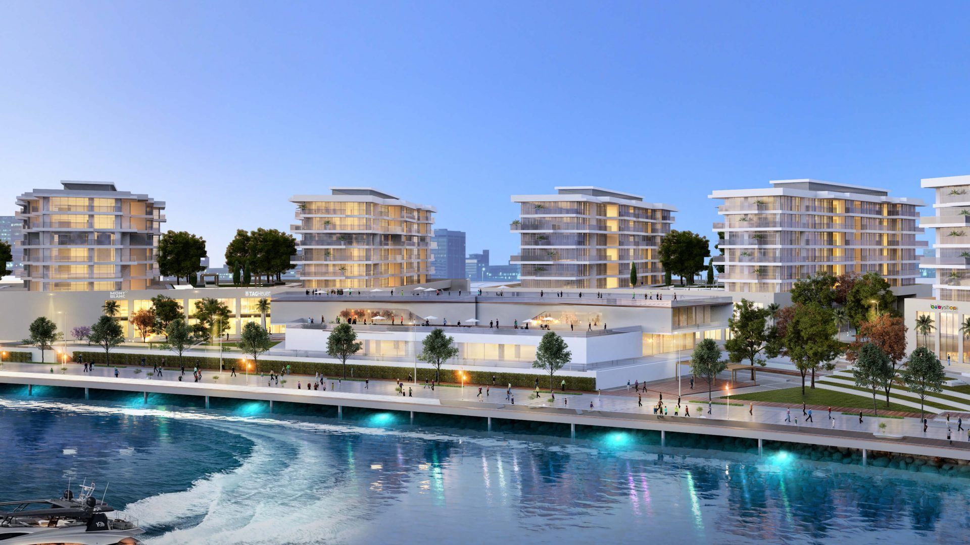 Visualisierung der Ajmal Makan Waterfront mit Promenade und Gebäuden am Wasser